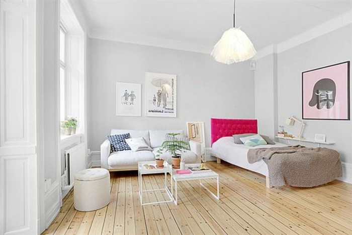 pale-gray-walls-with-white-plaster-details-inside-one-room-flat-with-light-wooden-floor-studio-apartment-design-small-white-sofa-bed-with-hot-pink-board-three-framed-artw
